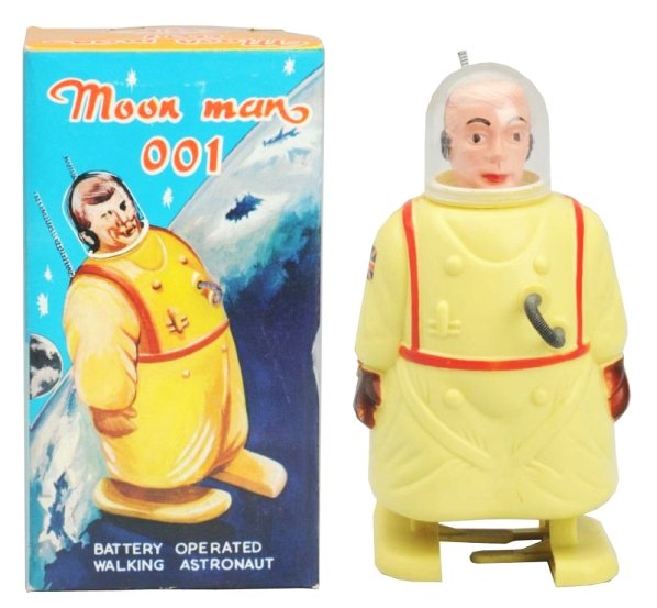 Plastic Battery Op. Moon Man 001 Robot.: Made in Hong Kong by OK. Working. Has original box. Toy (Excellent - Near Mint). Box ( Near Mint). Size 5 - 3/4" T.