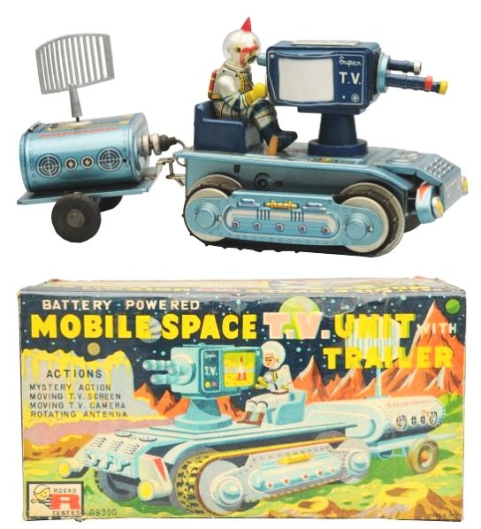 Tin Litho Battery Op. Mobile Space TV Unit.: Made in Japan by Nomura. Working. Has box. Toy has some factory touch up around the base and some oxidation to the chrome trailer hitch. Box has some small punctures to top panel and paper loss to bot