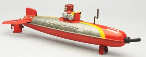 Tin Litho Crank Wind Robot Torpedo.: Made in Japan by Marson. Working. Has box. Some creases with paint loss on tail fin of the torpedo as well as on the rudder. Some light scratching to the robots. head. Box has some tear repairs on the
