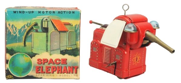 Tin Litho Wind-up Space Elephant Robot.: Made in Japan by Yoshia. Working. Has box. Box has one paper lift to the top of one side panel. Toy (Excellent). Box (Excellent). Size 5" L.