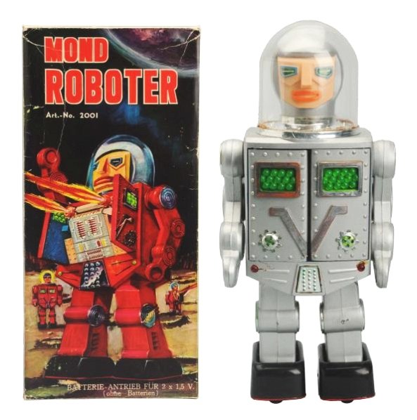 Plastic Battery Op. Lumar Space Man Robot.: Made in Hong Kong. Working. Original box. Toy has some discoloration to the chrome areas. Two hinges have come disconnected from the battery box. Toy (Excellent). Box (Excellent). Size 11 - 3/4" T.
