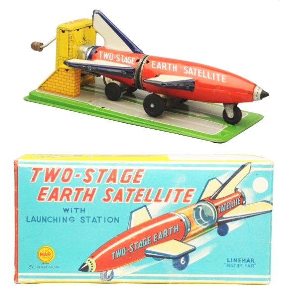 Tin Litho Crank Wind 2-Stage Earth Satellite.: Made in Japan by Linemar. Working. Has box. Toy has some scratches to the top of the rocket. Box has several professional tear repairs to the top panel. Toy (Very Good). Box (Very Good). Size 9 - 3/4"