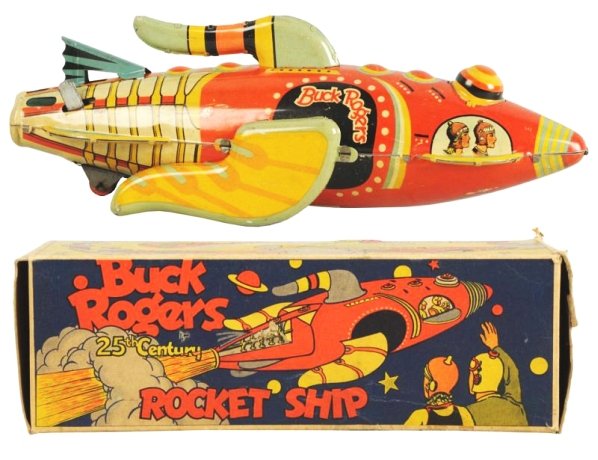 Marx Tin Litho Wind-Up Buck Rogers Rocket Ship.: "25th Century". Includes original colorful box. Box is complete. Box does not contain cardboard insert but does have extra flint packaging with extra flint. Box is crisp and beautiful with small poke 