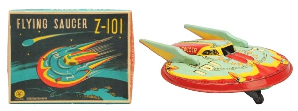 Tin Litho Friction Flying Suacer Z-101.: Made in Japan by Masudaya. Working. Has box. Some scratching throughout. Box has two small punctures to the top panel. Toy (Excellent). Box (Near Mint). Size Box: 7" L.