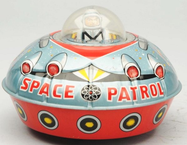 Tin Litho Wind-Up Space Patrol.: Made in Japan by TT. Working. Has box. Toy (Near Mint). Box (Near Mint). Size 4 - 1/2" Dia.