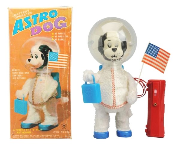 Plastic & Plush Fabric Battery Op. Astro Dog.: Made in Japan by Yonezawa. Working. Has box. Box has some creasing throughout. Toy (Excellent - Near Mint). Box (Excellent). Size 10 - 1/2" T.