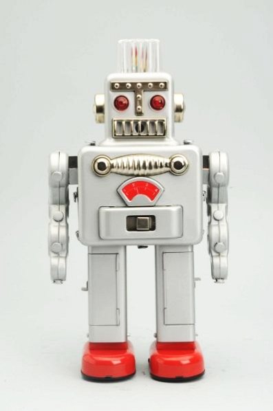 Tin Litho & Painted Battery Op. Smoking Robot.: Made in Japan by Yonezawa. Working. Has box. Toy (Good). Box (Very Good). Size 12" T.