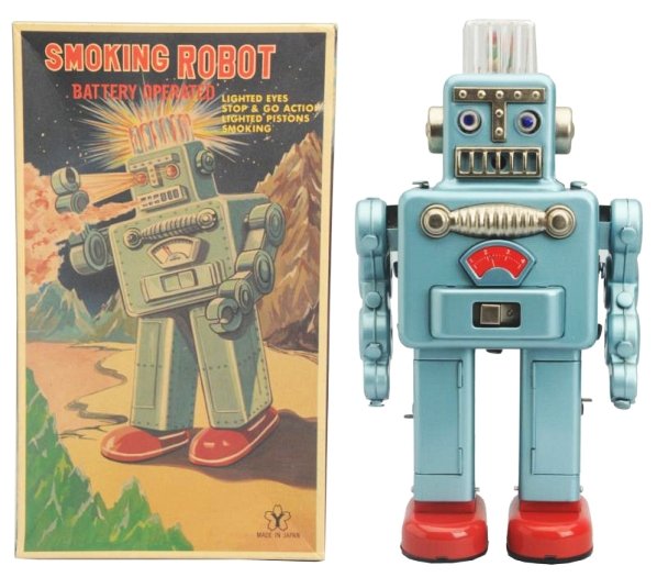 Tin Litho & Painted Battery Op. Smoking Robot.: Made in Japan by Yonezawa. Working. Has box. Toy (Good). Box (Very Good). Size 12" T.