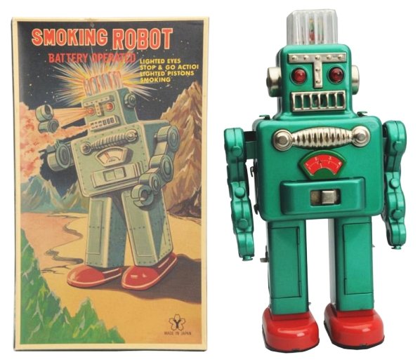 Tin Litho & Painted Battery Op. Smoking Robot.: Made in Japan by Yonezawa. Working. Has box. Toy (Good). Box (Very Good). Size 12" T.