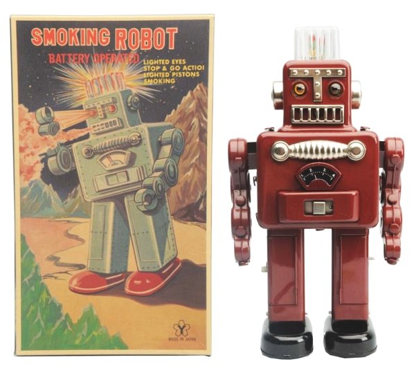 Tin Litho & Painted Battery Op. Smoking Robot.: Made in Japan by Yonezawa. Working. Has box. Toy (Good). Box (Very Good). Size 12" T.