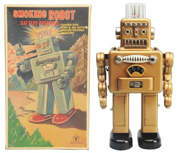 Tin Litho & Painted Battery Op. Smoking Robot.: Made in Japan by Yonezawa. Working. Has box. Toy (Good). Box (Very Good). Size 12" T.
