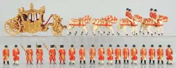 Timpo Lead Soldier Coronation Coach Set.: Includes original box. Looks to be pre-war, with instruction sheet. Includes coach and an array of soldier in beefeater costumes. Some bending and wear to arms and lances, with some wear to box. Condi