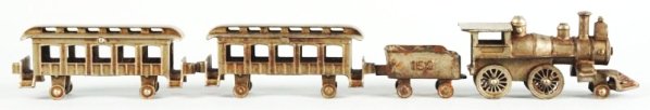 American Made Cast Iron Floor Passenger Train Set: Nickeled engine with American style cowcatcher. No.152 embossed four wheel tender and two nickel passenger cars. Which are embossed No.182 inside car. Oxidation and general wear throughout. Condition