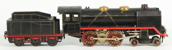 German Marklin Train Engine & Tender.: 1 gauge. Includes steam type engine with later Marklin Mark and matching six wheel tender. Circa 1930s. Some paint loss and wear. Paint touch up to red striping on engine. Condition (Very Good).