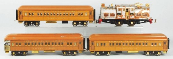 American Flyer Spiegel Passenger Train Set.: Uncataloged. Brown includes No.4635 St. Paul electric style locomotive. With two No.4081 Washington pullman cars and one No.4082 Valley Forge observation car. Set has individual original boxes for eng