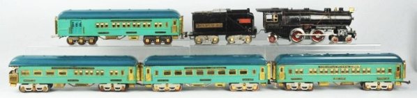 American Flyer Set No.1448 Minuteman Set.: Pre-war. Wide gauge. Steam passenger set. Includes all individual original boxes. Includes a No.4694 Ives style steam locomotive with No.4693 Vanderbilt tender. With four president special type Rolls
