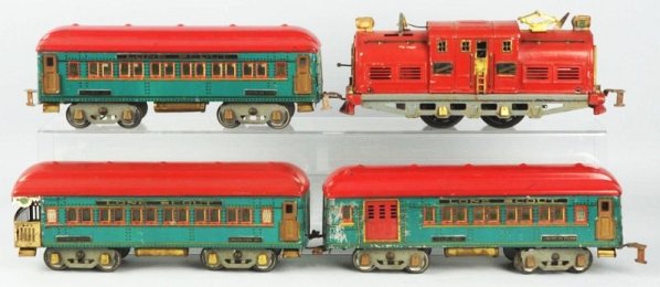 American Flyer No.4180 Bone Scout Passenger Train: Wide gauge. Includes No.4635 red St. Paul style electric locomotive and a No.4250 club car, a No.4251 pullman car, a No.4253 observation car. Circa 1929-1930. All cars are lithographed. Set has genera