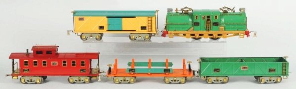 American Flyer Freight Train Set.: Pre-war. Includes No.4367 Shastitype electric engine and four freight cars. A No.4018 bottle bill box car, No.4017 gondola, No.4022 machine car and a No.4021 caboose. All have individual boxes except