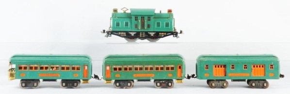 Lionel No.10 Passenger Train Set.: Pre-war. Includes No.10 Electric style engine. A No.332 baggage car, No.339 Pullman, No.341 observation all in peacock blue. The engine looks to be an old restoration cars have moderate scratching esp