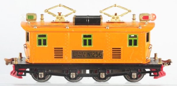Lionel No. 256 O-Gauge Train Engine.: Electric style. Pre-war the plated variation. Original pantographs. Does have some overall scratching and wear in reverse. Condition (Very Good - Excellent).