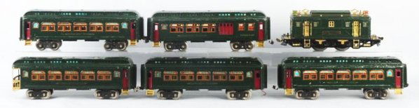 Lionel No.9 Passenger Train Set.: Standard gauge. Pre-war. Includes No.9 bild-a-loco electric style engine. Includes five passenger cars. Three No.428 Parlor cars, A No.429 baggage car which has some paint touch up on one end. A No.43