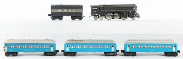 Lionel No.221 Engine & Tender with 3 Cars 4 Boxes: In grey locomotive complete and all original. Comes with No.221W tender. No.2430 passenger car with flying shoe trucks. Has rust on the roof. No.2430 pullman car missing the roof hold down screw. Has 