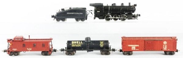 Lionel No.227 Engine & Tender with 3 Cars.: No.227 locomotive and tender. Locomotive complete and all original. No.2227B tender PRR complete and all original has one or two minor paint chips. No.2954 PRR box car has a few paint chips. No.2955 S