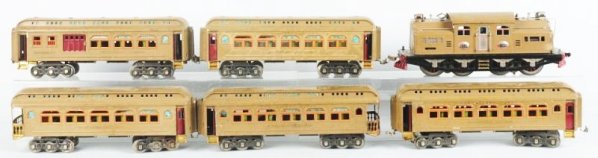 Lionel Standard Gauge No.402 Passenger Train Set.: Pre-war. Includes No. 402 electric style engine and five passenger cars all with orange window trim. There are two No.418 parlor cars, a No.419 baggage car and two No.490 observation cars. Set has an 