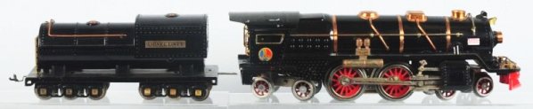 Lionel Standard Gauge No.400E Engine & Tender.: Steam type engine with brass trim and matching Lionel lines tender. Replaced Lionel No.400E side markers. Engine has been professionally restored. Condition (Restored).