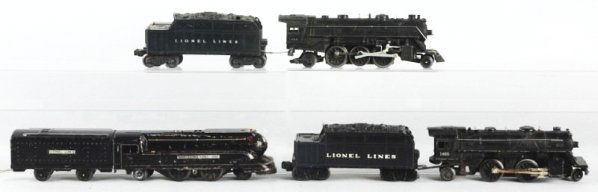 Lot of 3: Lionel Locomotives and Tenders.: Lionel No.1666 Steam locomotive. Pre-war version. Complete and all original. Has some paint chips. No.1655 Steam locomotive some touch ups scratches and paint chips throughout. No.1688 E Steam locomot