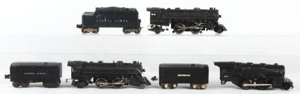 Lot of 6: Lionel Locomotives with Tenders.: Includes Lionel No. 229 Steam locomotive. Rare rubber stamped number version complete and all original has some paint chips. No.1689 T tender has some scratches and paint chips. No.229 rubber stamped