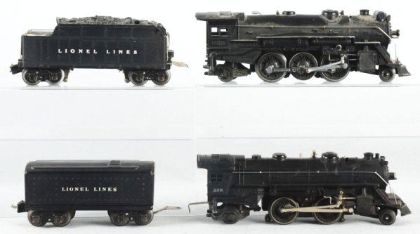 Lot of 2: Lionel Engines with Tenders.: Lionel black steam locomotive. Complete and all original No.2235W whistle tender late plastic version. No.229 steam locomotive with plates. No.1689T tender. Condition (Very Good - Excellent).