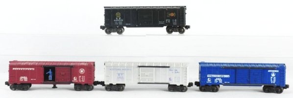 Lot of 4: Lionel Box Cars with Boxes.: Lionel No.6464-225 Southern Pacific Box Car OB. Is complete and all original very clean and attractive. Has original box. Has all flaps good square box. Lionel 6468 PRR Operating box car. Complete and