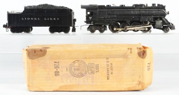 Lionel No.726 Engine & Tender with Box.: Locomotive is complete and all original. Very clean and attractive. Comes with incorrect tender No.2046W whistle tender complete and all original. Original box. No.726 that is badly stained. Has inser