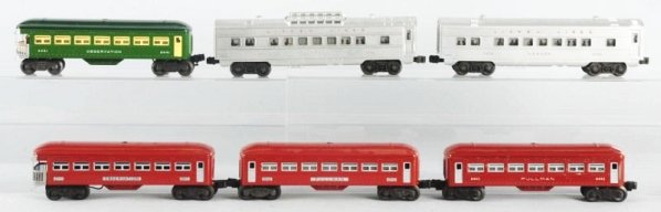 Lot of 6: Piece Lionel Train Set with 5 Boxes.: Lionel No.2643 observation car very clean and attractive complete and all original. Very partial original box. No.2642 pullman car complete and all original very attractive. Box is missing one end. No