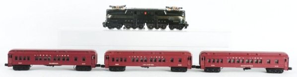 Lionel PA No.2144W Passenger Train Set.: Includes No.2332 GG1 Madison and three passenger cars. No.2332 GG1 complete and all original striping is faint. Has original pantographs. No.2627 Madison car complete and all original. No.2628 Manhatt