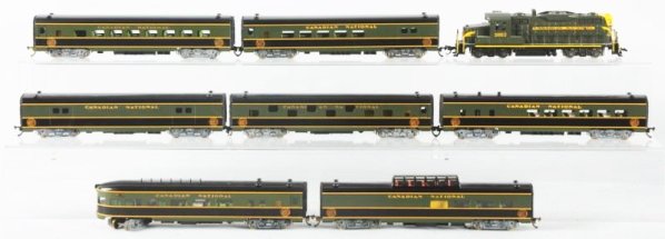 Lot of 8: Piece Tenshodo Train Set with Boxes.: Set consists of GP20 Locomotive railing is a little bent. Otherwise like new condition. Canadian National combo car with interior. Canadian National diner car with interior. Canadian National Vista Do
