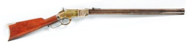 Henry .44 cal. Rifle.: New Haven Arms production of .44 cal rimfire lever action Henry Rifle(Late Brass Framed Model) in very good condition with brass frame (appears to have silver finish which is wearing off) , blued fini