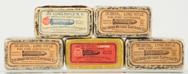 Lot of 5: Boxes of .22 Caliber Ammo.: Lot consists of three UMC non-Remington marked picture boxes, one UMC Remington marked picture box, and one .22 short UMC Remington marked picture box.