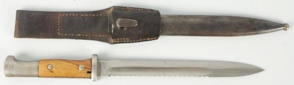 German Mauser Sawback Bayonet.: German World War I issue complete with issue steel scabbard and bayonet frog in very good condition. Nicely marked GEBR.HELLER MARIENTHAL on ricasso of blade. Very good example of GEW 98 rifle bayonet