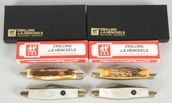 Lot of 4: Zwilling J.A. Henckels Knives.: Contemporary folding stockman knives which include : two 4" 4-blade premium stockman folding knives handled in genuine stag and a 4 " 4-blade M.O.P. serial No.195 premium stockman and a 4" 3-blade M.O