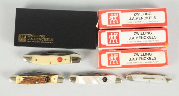Lot of 4: Zwilling J.A. Henckels Knives.: Contemporary folding knives which include : 3 1/2" 3-blade M.O.P. whittler/ 3 3/4" 2-blade canoe jack knife handled in smooth white bone, 3 1/2" 3-blade genuine stag handled whittler, and a 3" 2-blade