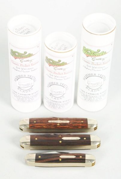 Lot of 3: Tidioute Knives.: Contemporary folding knives includes a 4 1/8" serial No.008 3-blade cattleman handled in exotic Mexican Bocote. A 4 1/8" serial No.12 3-blade cattleman handled in ebony and a 3 1/2" 2-blade serpentine