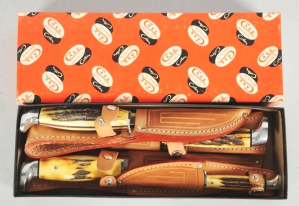 Lot of 4: Case Genuine Stag Handle Knives.: Fixed bladed knives. All are apart of the Case.XX.U.S.A. first is a 5" No.523-5 SSP red etch in correct sheath, a 5 1/8" NO.516-5 SSP red etch in correct sheath, a 4 1/4" No.5 Finn SSP red etch in cor