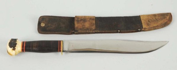 Marbles Gladstone Mich U.S.R.Trail Maker Knife.: Ten vintage fixed blade knife. Stag crown on stacked leather handle. Correct leather sheath minus its safety strap included. Blade has been buffed. Condition (Good - Very Good).