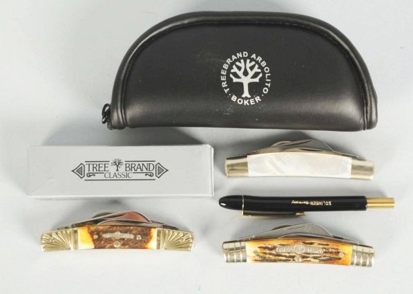 Lot of 3: Tree Brand Knives and Sharpening Rod.: Includes three Boker congress folding pen knives and one pocket sharpening steel. A 3 5/8" 4-blade M.O.P. congress folding pen knife. Factory box and carrying case included. A 3 5/8" 4-blade fancy con