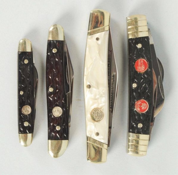Lot of 4: Tree Brand Knives and Case.: Includes a 3 7/8" 3-blade stockman handled in "cracked Ice" composite. No box. A 3 5/8" 4-blade congress pen knife handled in "rough black" composite. No box. A 3 1/2" 3-blade sleevebard serpentine wh