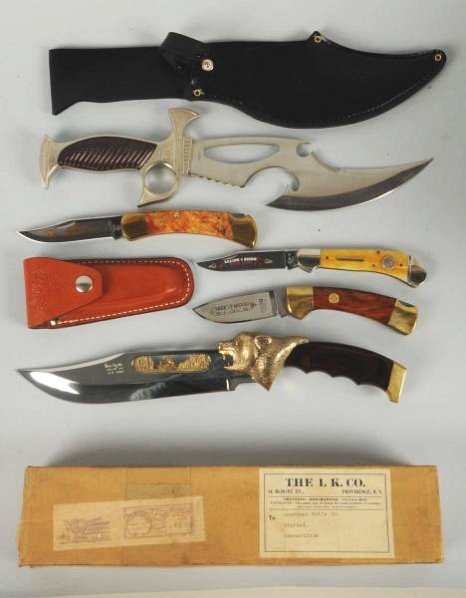 Lot of 5: Contemporary Folding & Fixed Knives.: First is a Case lighting five dot folding knife 4 7/8" 1-blade "Saddle Horn" commemorating the Mason Dixon Knife Club serial No.03. Handle is smooth bone. Box not included. Next, Buck Custom U.S.A. bo