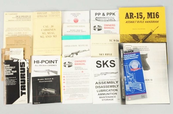 Rifle and Pistol Manuals.: Collection of 16 assorted rifle and pistol manuals including several US military issue including MI carbine, MI rifle and SKS manuals
