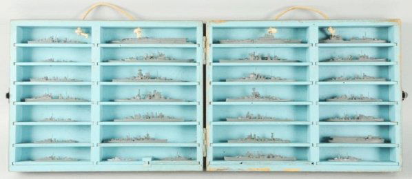 Ship Identification Models.: US Navy World War II issue British Navy combat ship identification model set complete in wood case with US Navy markings in very good condition. Unusual nautical item from World War II manufactured by